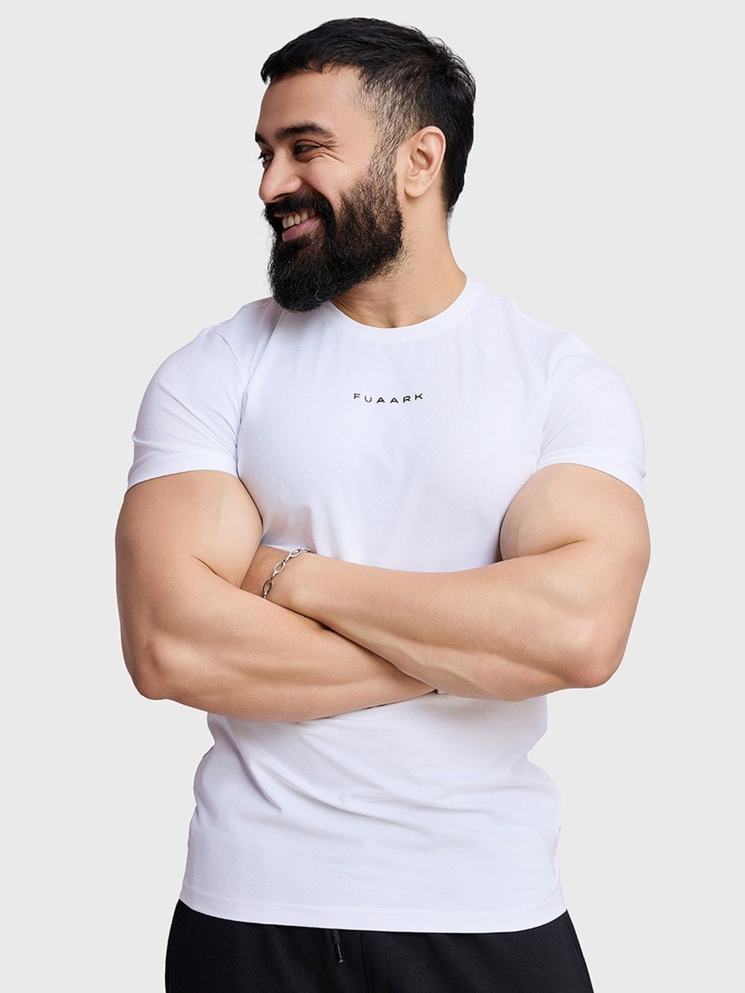 

FUAARK Men Moisture Wicking Typography Printed Round Neck Cotton Slim Fit T-shirt, White
