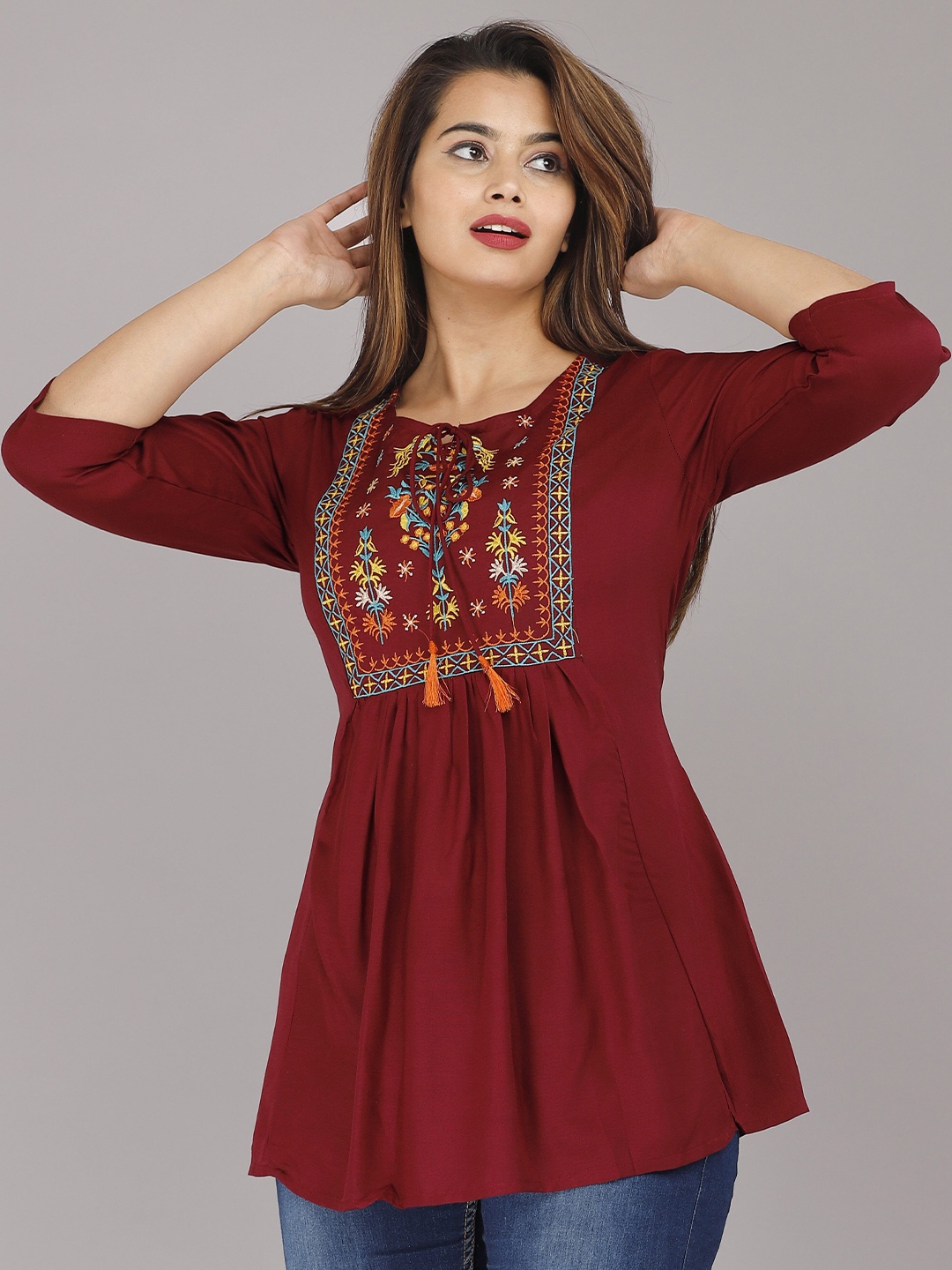 

AVAYAYAT Embroidered Keyhole Neck Top, Maroon