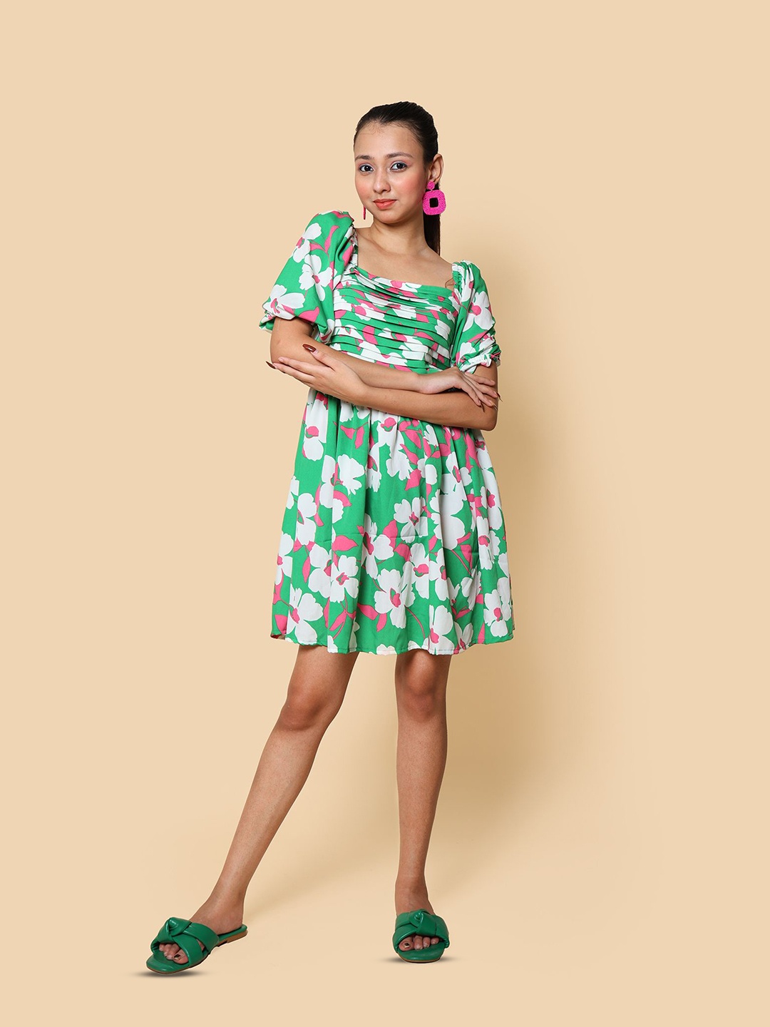 

KELLPAR Women Floral Printed Fit & Flare Dress, Green