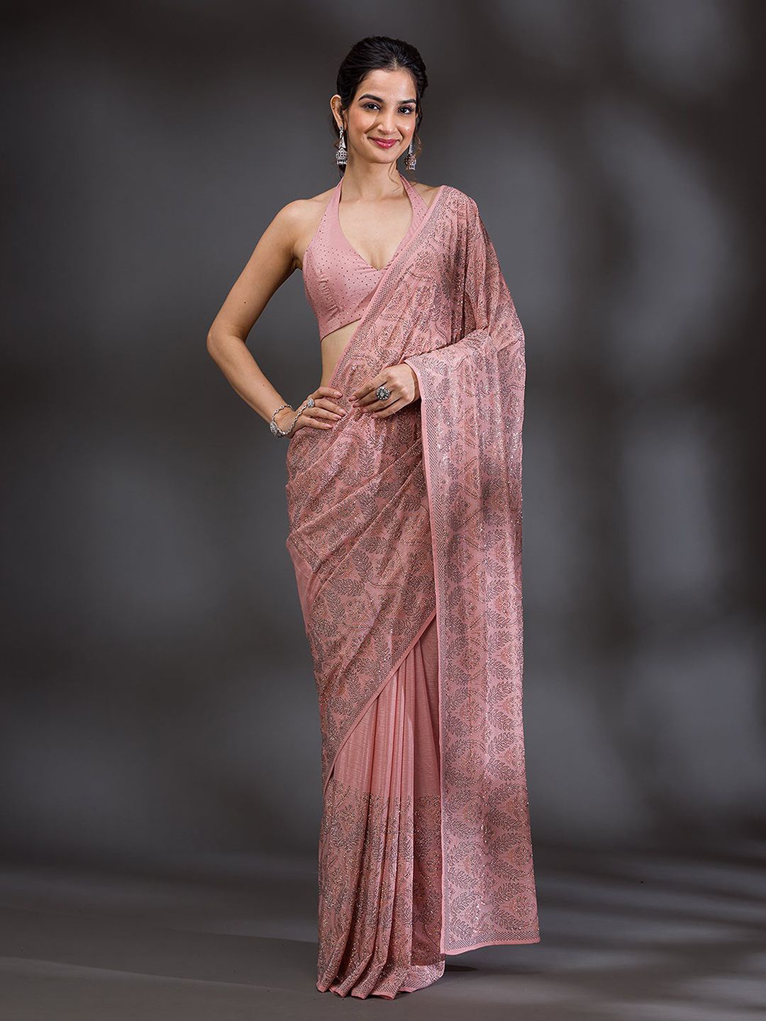 

Trendmalls Floral Beads and Stones Embellished Heavy Work Saree, Orange