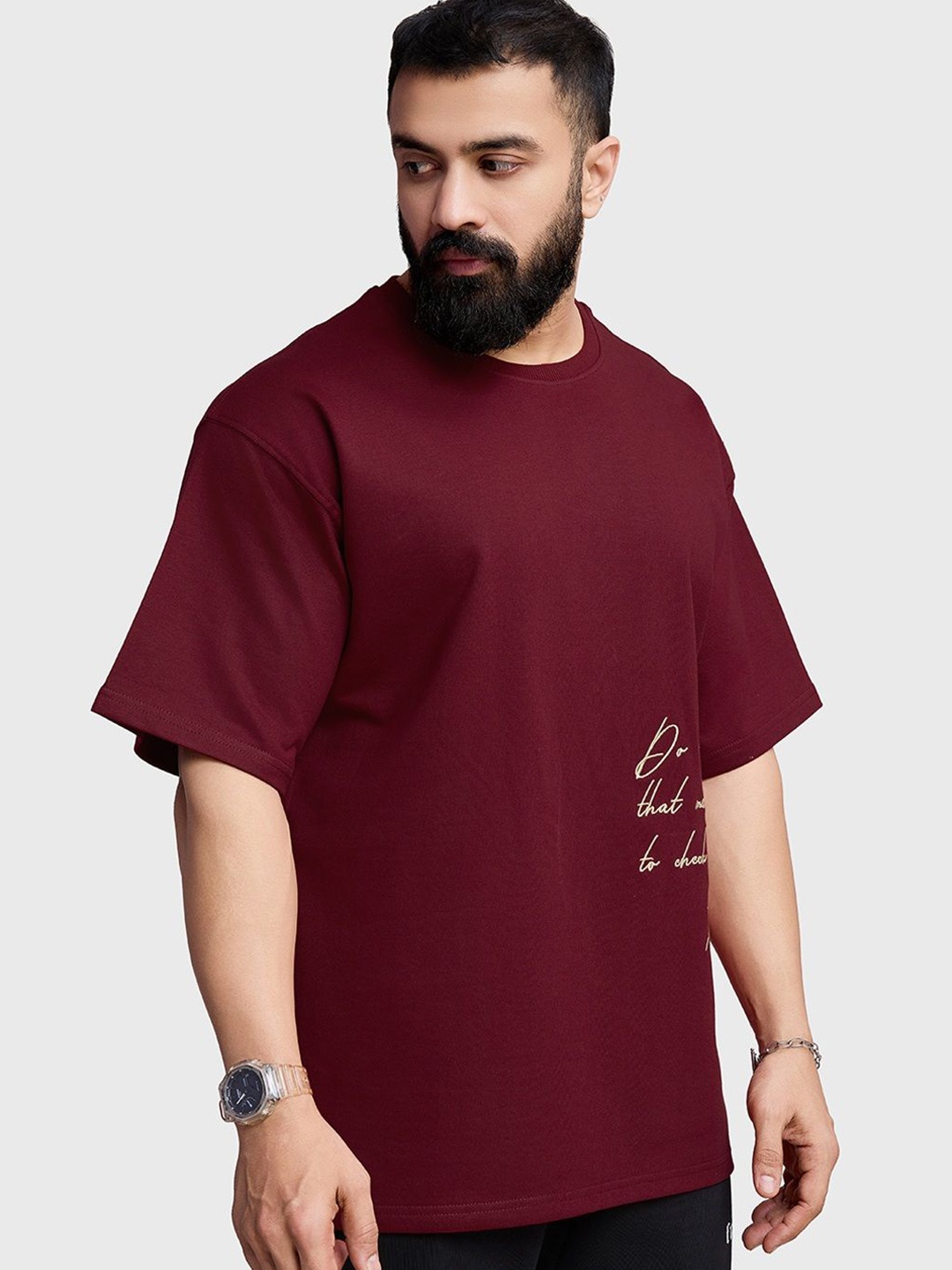 

FUAARK Men Anti Odour Typography Printed Round Neck Cotton Oversized T-shirt, Maroon