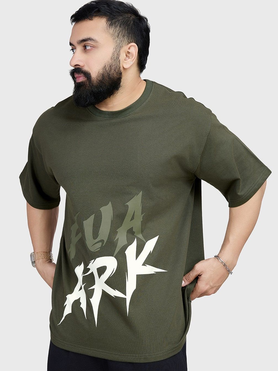 

FUAARK Men Anti Odour Typography Printed Round Neck Cotton Oversized T-shirt, Olive