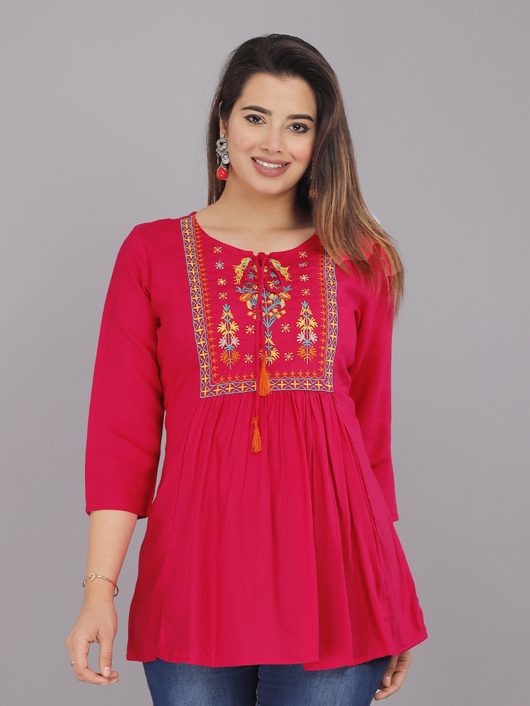 

AVAYAYAT Embroidered Keyhole Neck Top, Pink