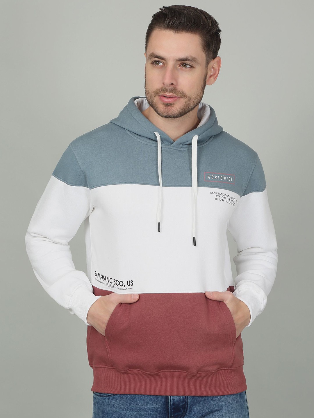 

Cantabil Men Colourblocked Hooded Sweatshirt, Beige
