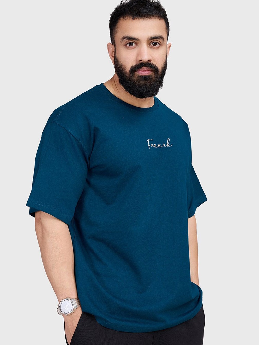 

FUAARK Men Anti Odour Typography Printed Round Neck Cotton Oversized T-shirt, Blue