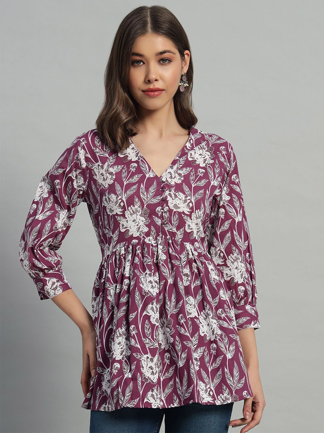 

KBZ Women Floral Printed V-Neck Cotton A-Line Top, Purple