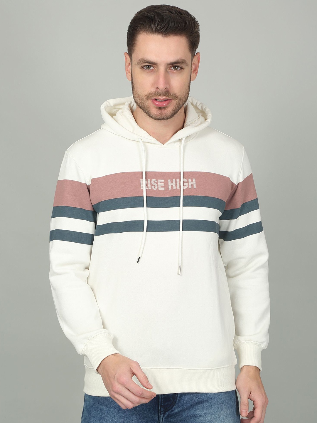 

Cantabil Men Striped Hooded Sweatshirt, Beige