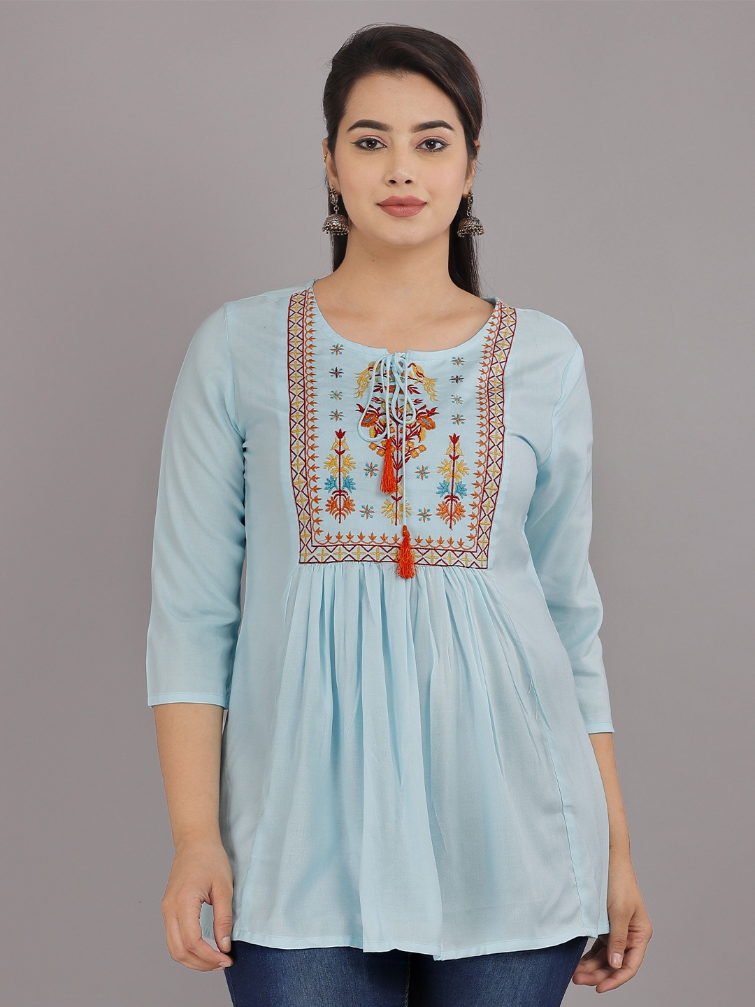 

AVAYAYAT Embroidered Keyhole Neck Top, Blue