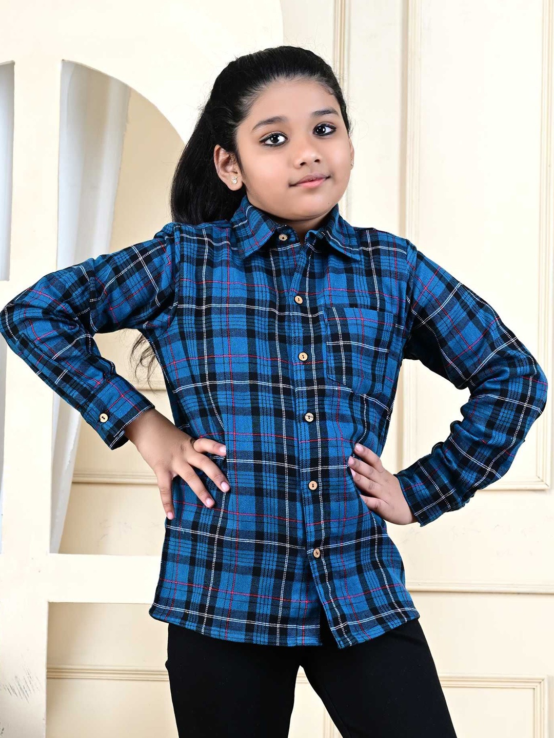 

Megha Overseas Unisex Kids Spread Collar Tartan Checked Cotton Casual Shirt, Blue