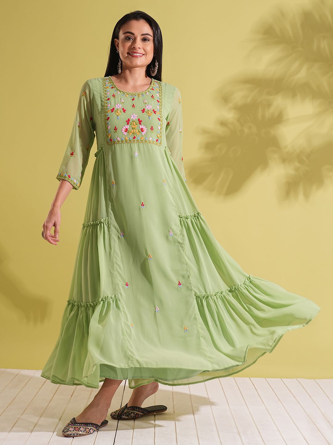 

Globus Women Ethnic Motifs Embroidered Tiered Fit and Flare Maxi Dress, Green