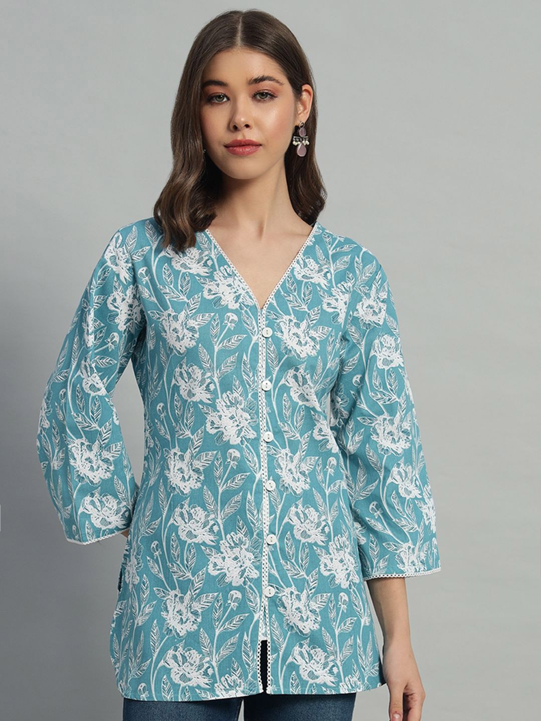

KBZ Women Floral Printed Cotton Top, Turquoise blue