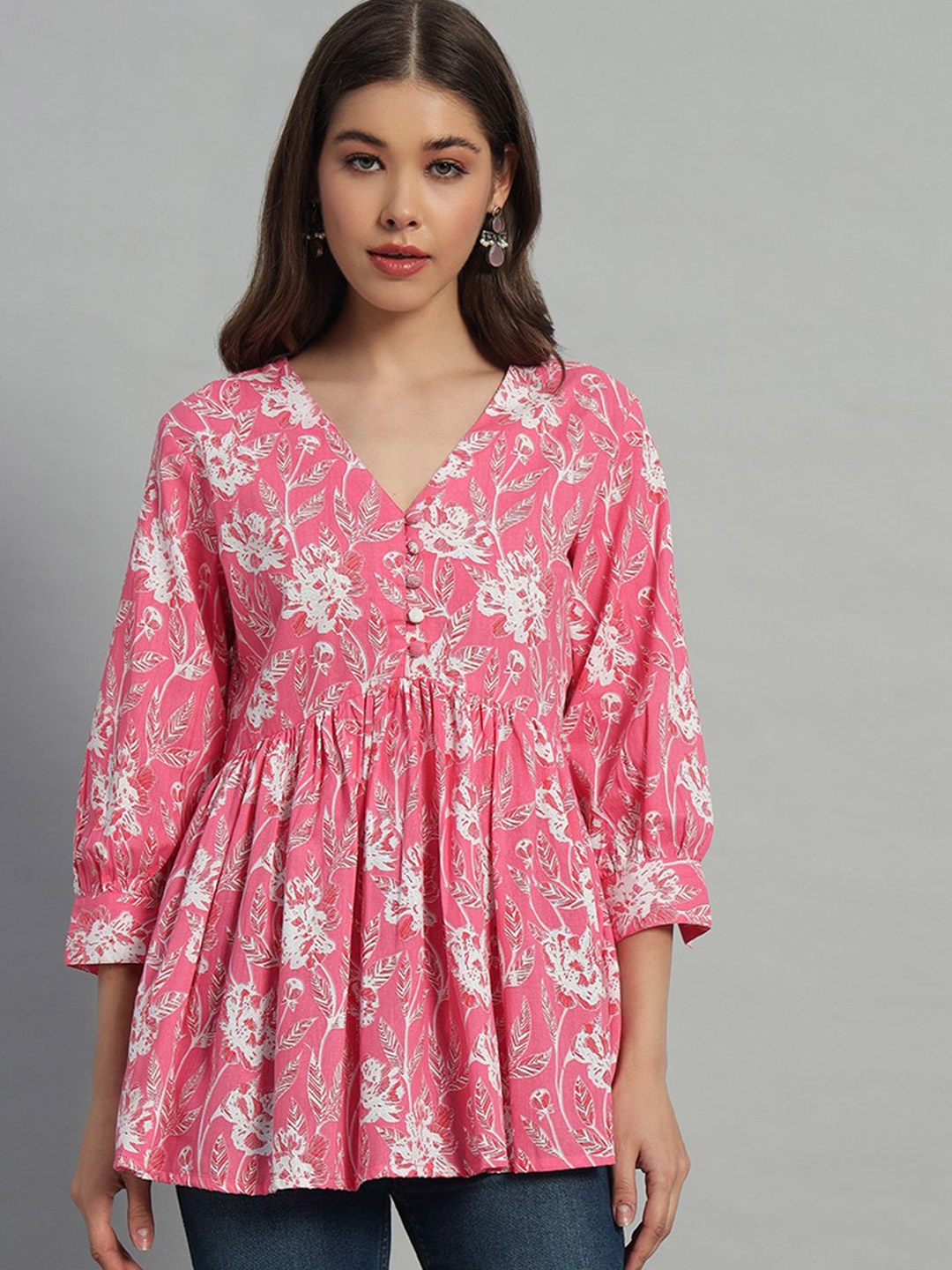 

KBZ Floral Printed Cotton Empire Top, Pink