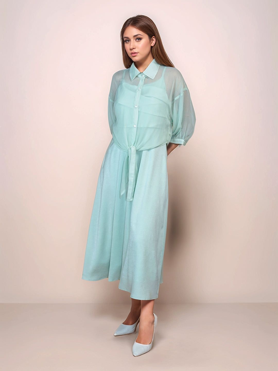 

Zink London Mint Colored Relaxed Fit Shirt Midi Dress, Blue