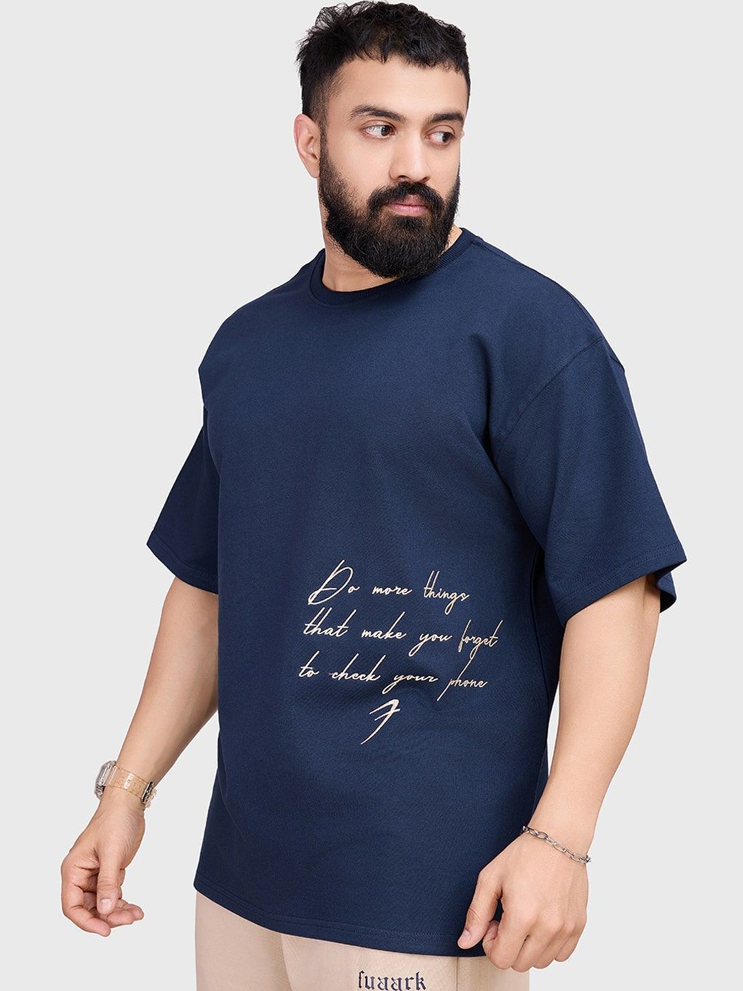 

FUAARK Men Anti Odour Typography Printed Round Neck Cotton Oversized T-shirt, Navy blue