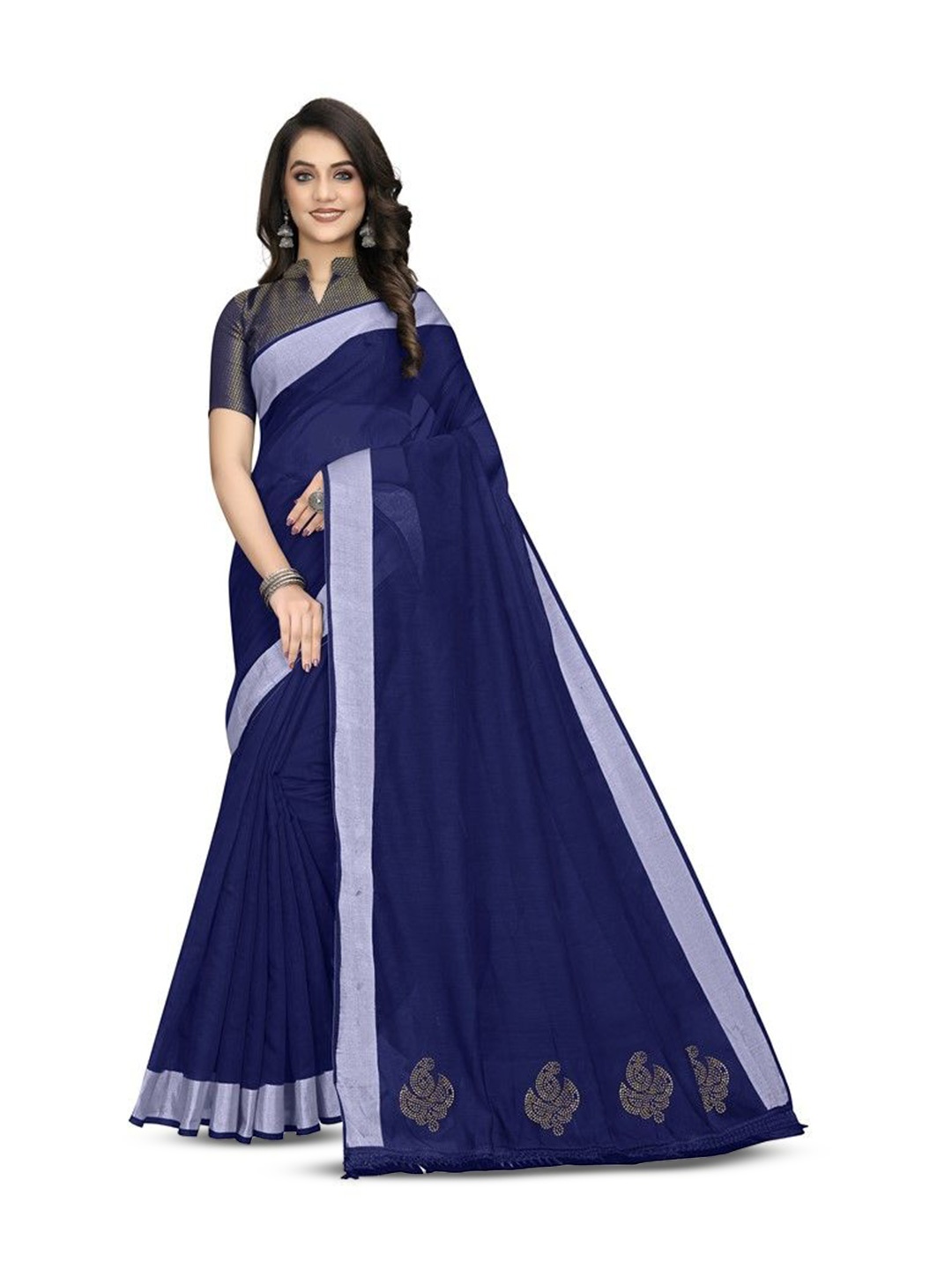 

DIVASTRI Solid Zari Border Saree, Navy blue