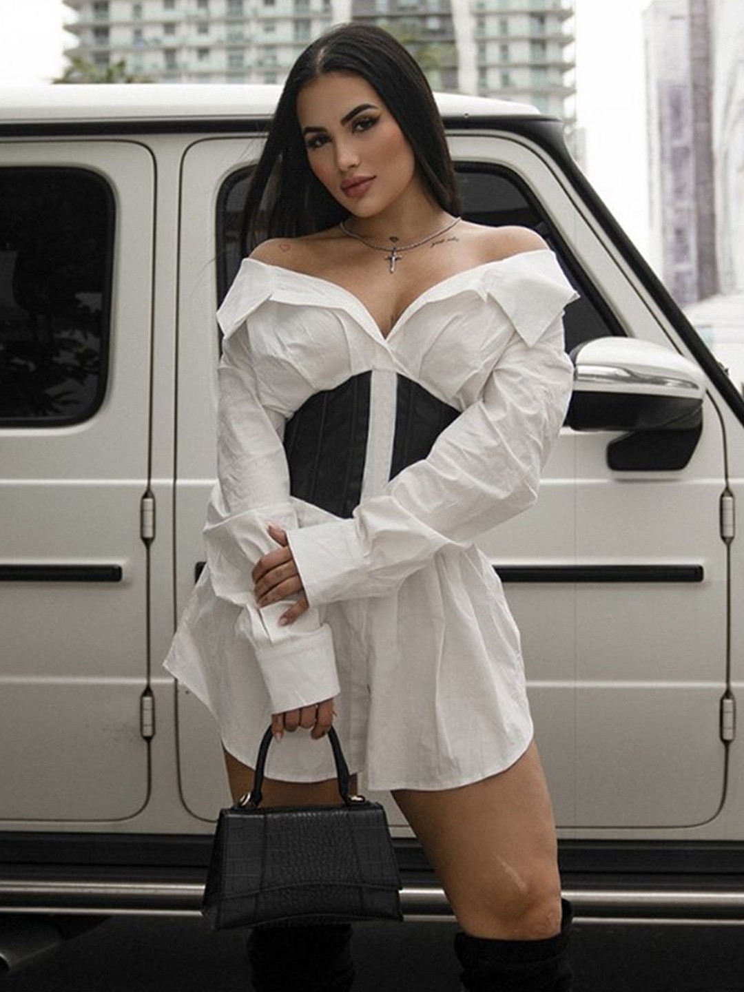 

LULU & SKY Fold-over Off-shoulder Corset Mini Dress, White