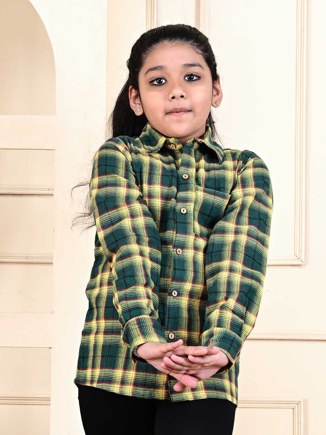 

Megha Overseas Unisex Kids Spread Collar Tartan Checked Cotton Casual Shirt, Yellow