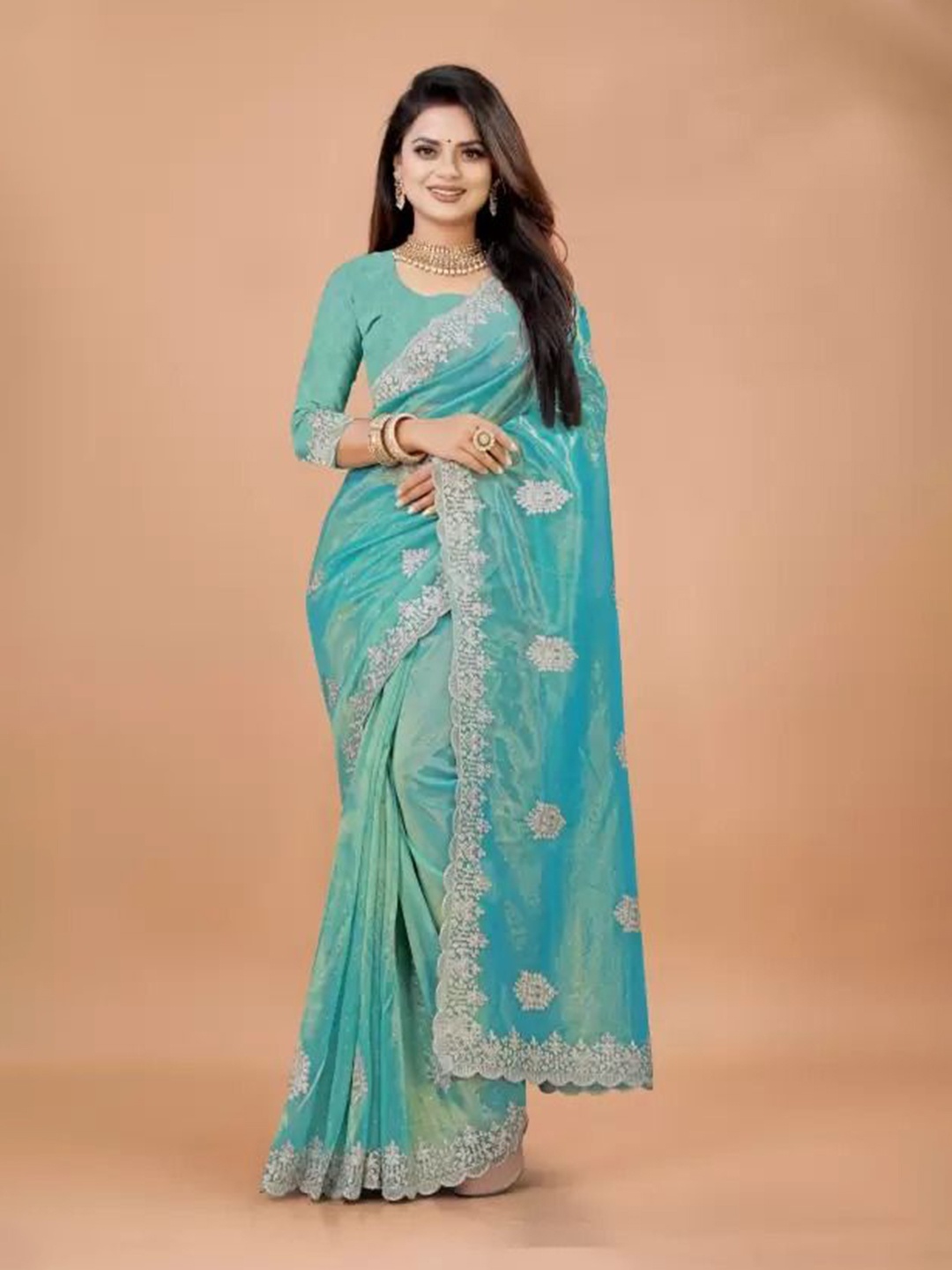 

KALINI Embellished Embroidered Net Designer Saree, Blue