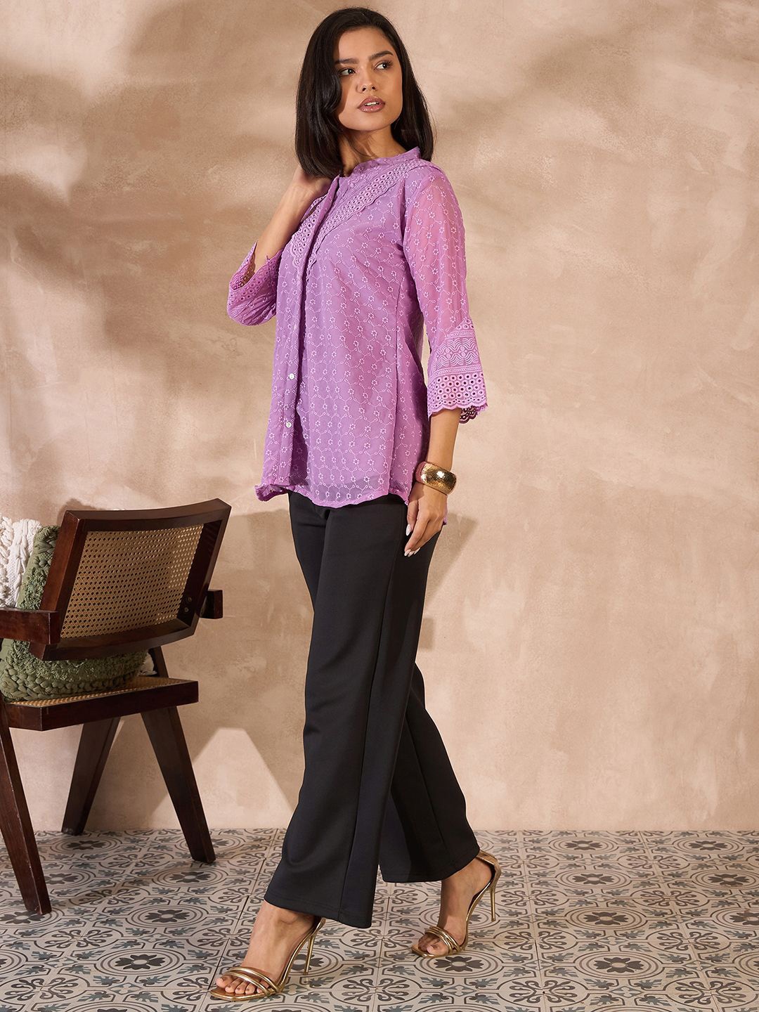 

all about you Mandarin Collar Schiffli Longline Top, Lavender