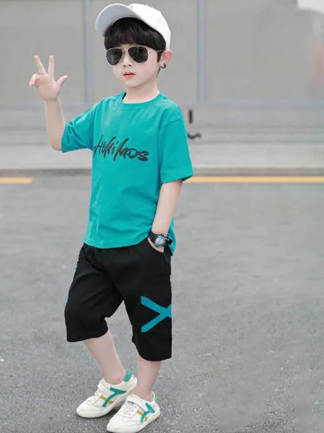 

BILLYBALL Kids Printed Round Neck Pure Cotton T-Shirt With Shorts, Blue