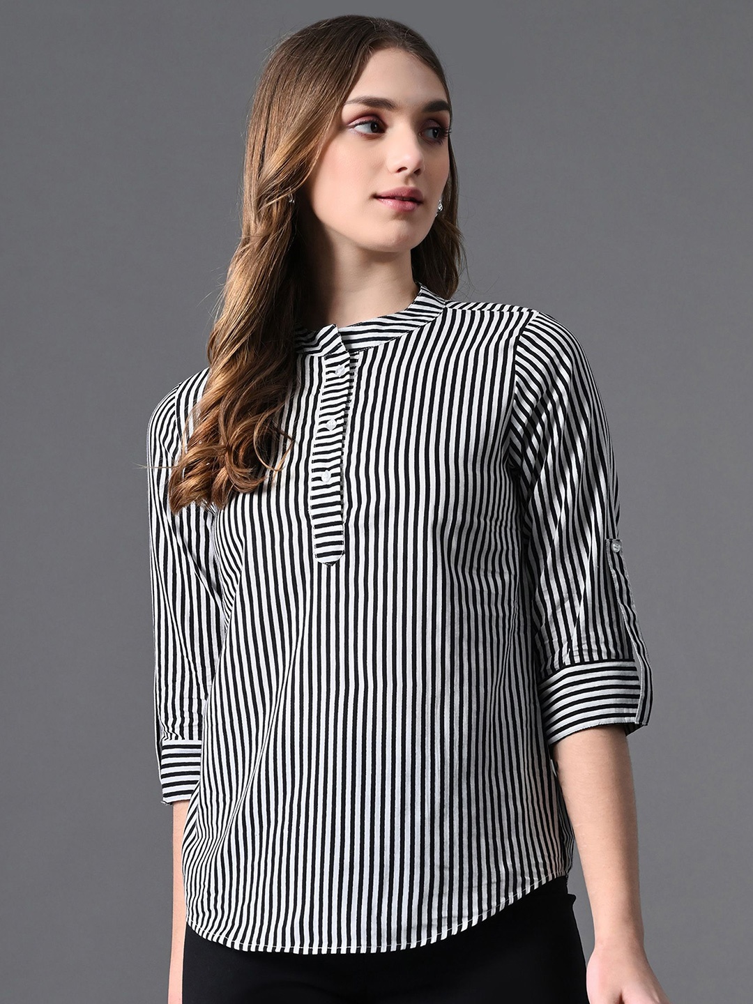 

The Roadster Lifestyle Co. Women Striped Pure Cotton Roll Up Sleeve Top, Black