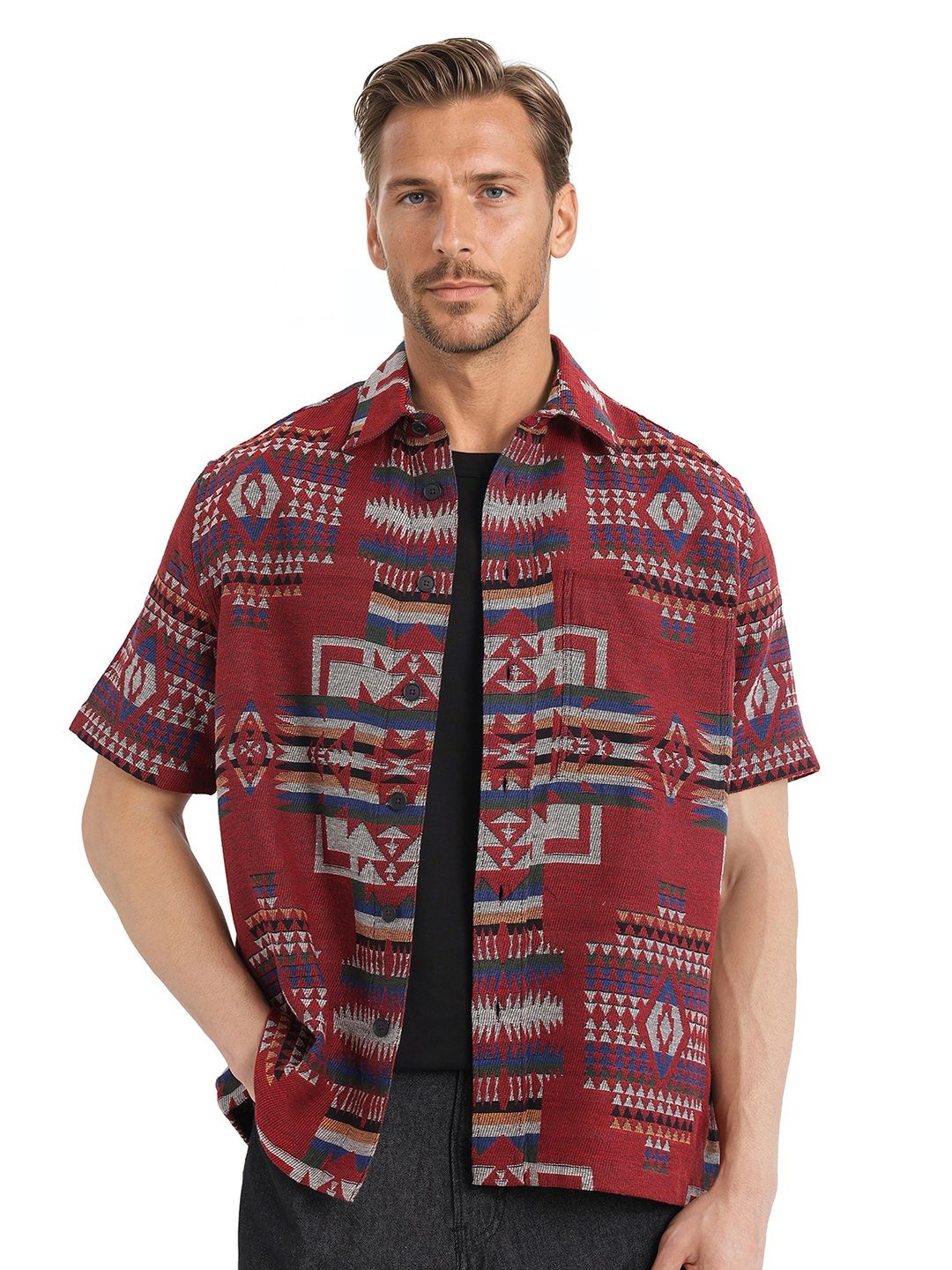 

RARE RABBIT Men Comfort Boxy Opaque Printed Casual Shirt, Maroon