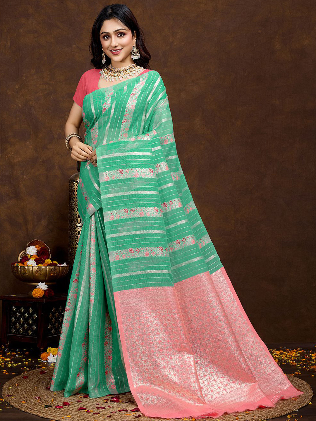 

bansari textiles Woven Design Banarasi Saree, Sea green