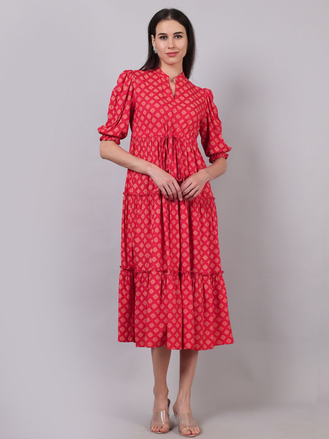 

Jaamso Royals Women Geometric Printed Tiered Fit & Flare Ethnic Dress, Red