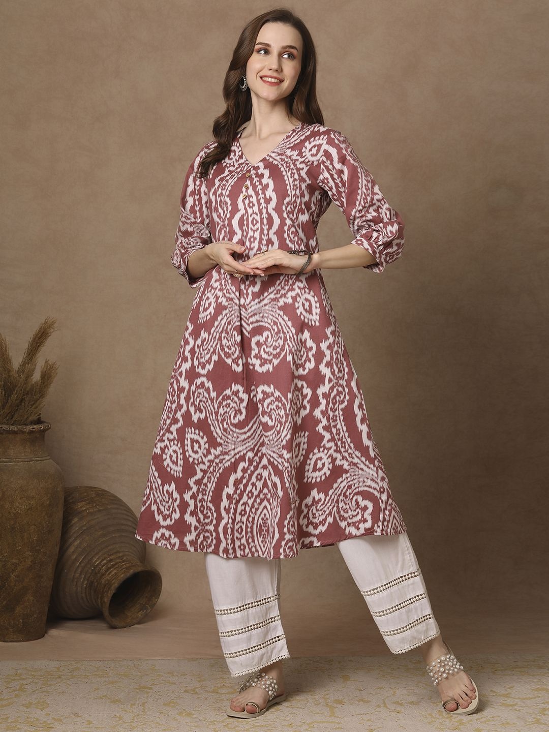 

FASHOR Ethnic Motifs Printed V-Neck A-Line Kurta, Mauve