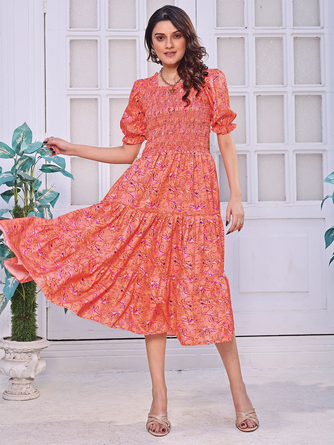 

Kedar Fab Floral Print Bell Sleeve Crepe Fit & Flare Midi Dress, Pink
