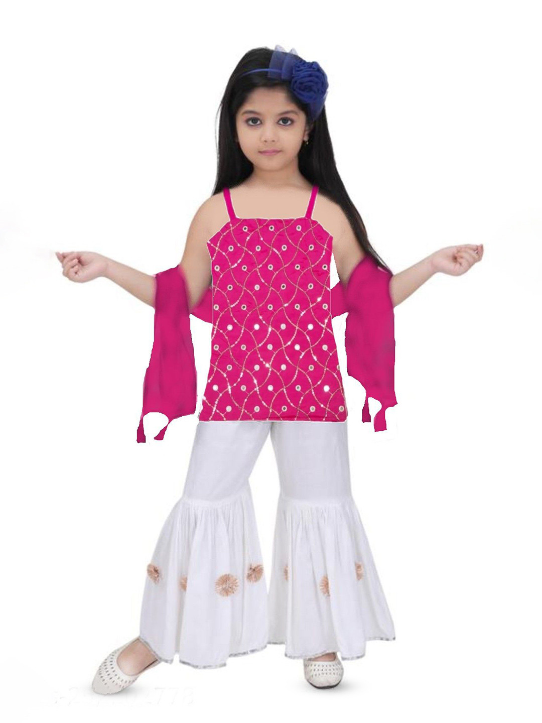 

Sainur creation Girls Floral Embroidered Pure Silk Straight Kurti With Sharara & Dupatta, Pink