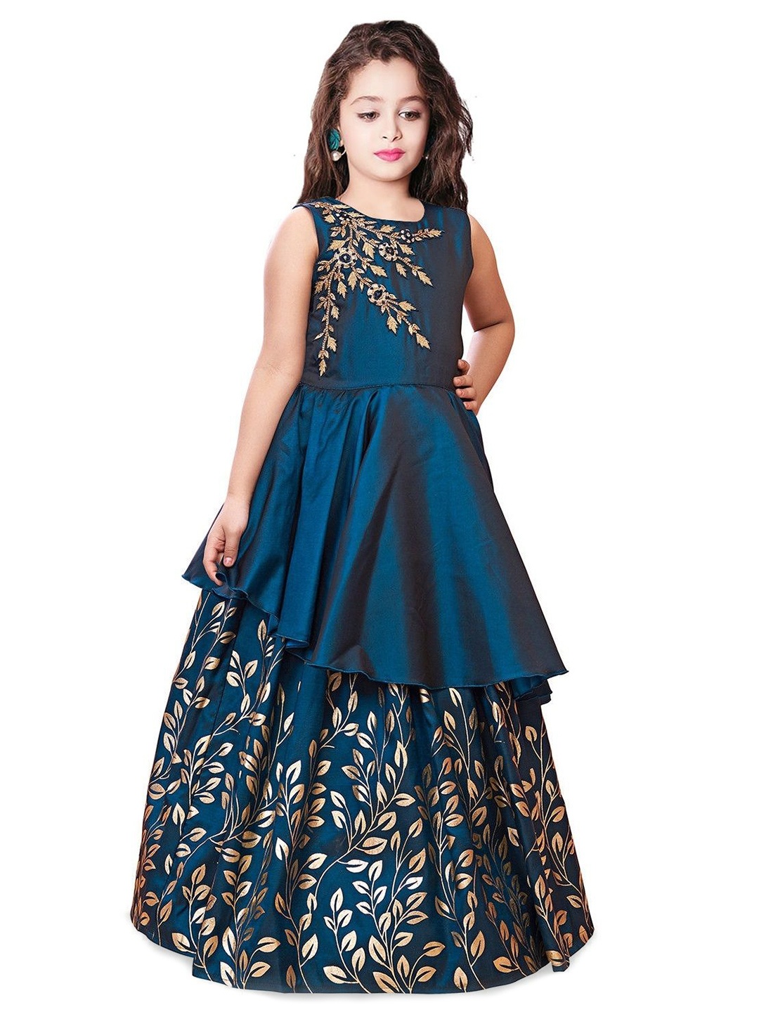 

Wommaniya Impex Girls Embroidered Satin Fit & Flare Maxi Dress, Blue