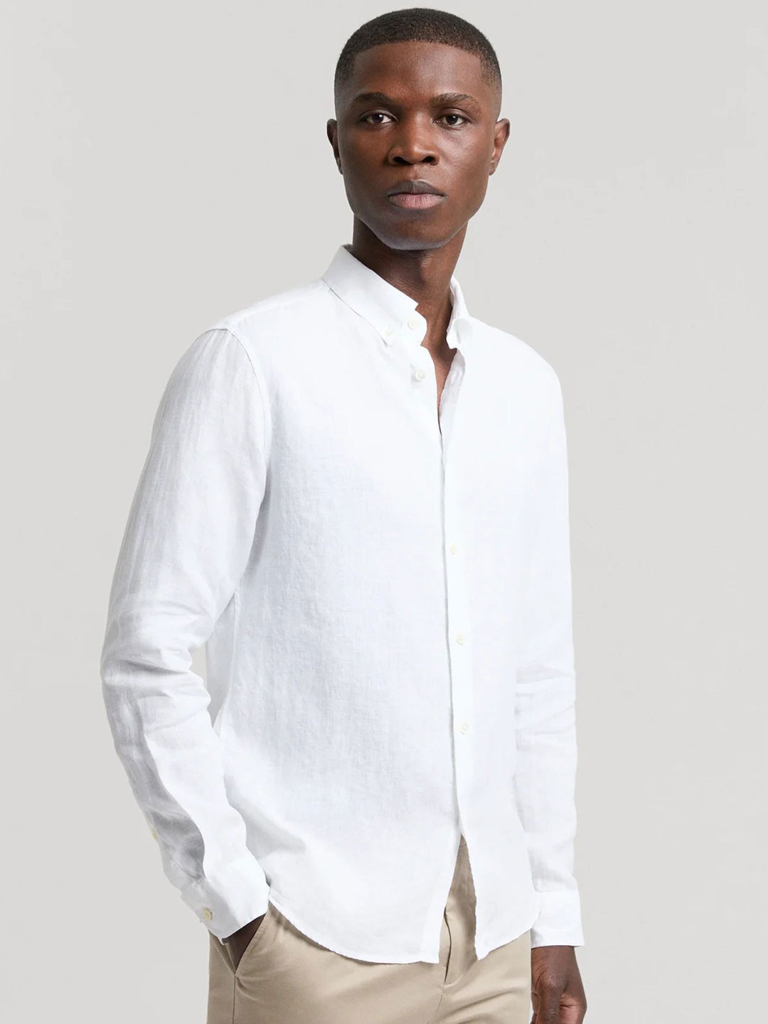 

SHANLIYA Men Classic Fit Button-Down Collar Solid Linen Casual Shirt, White
