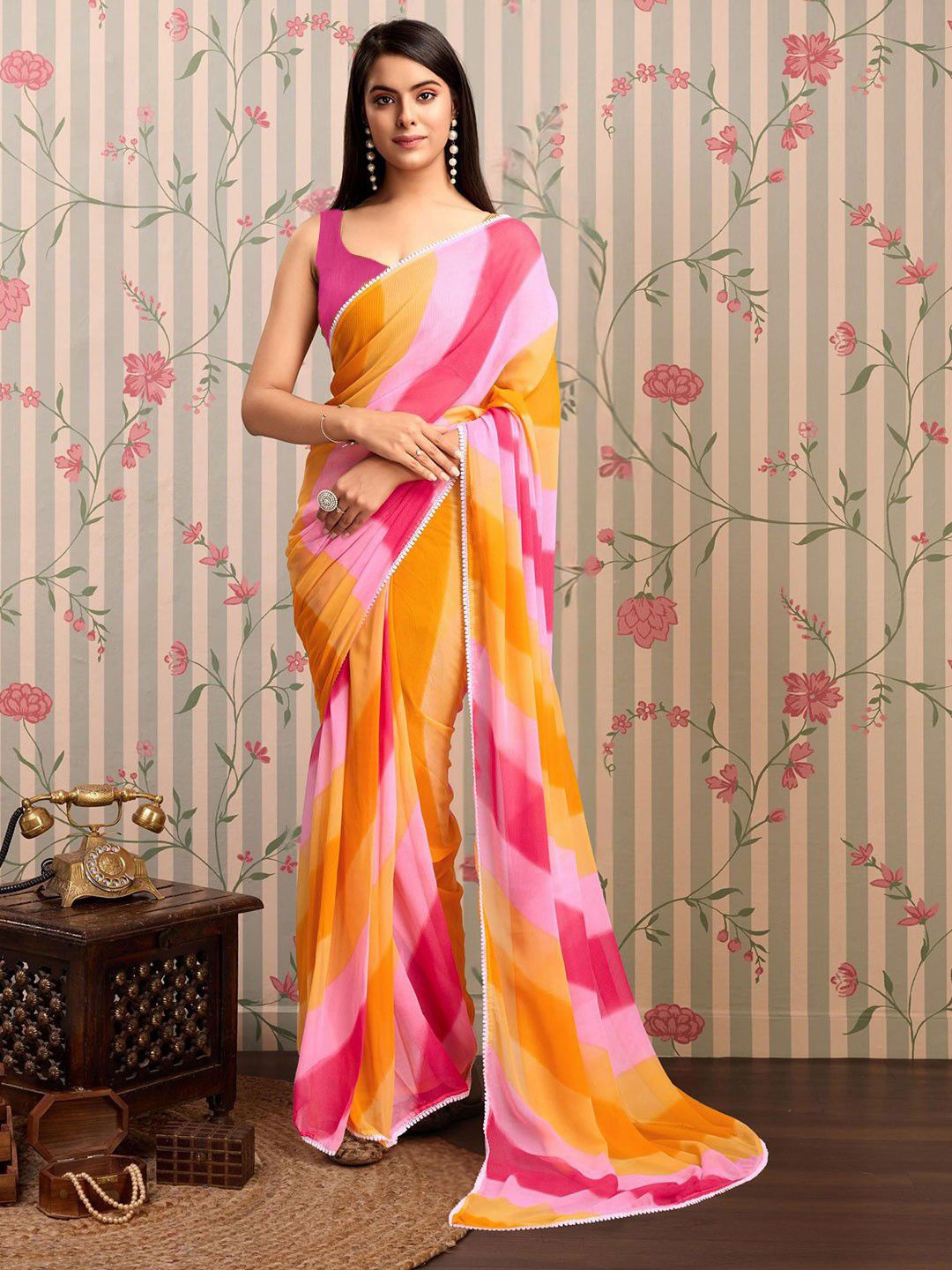 

PMD Fashion Leheriya Gotta Patti Pure Georgette Ready to Wear Saree, Mustard