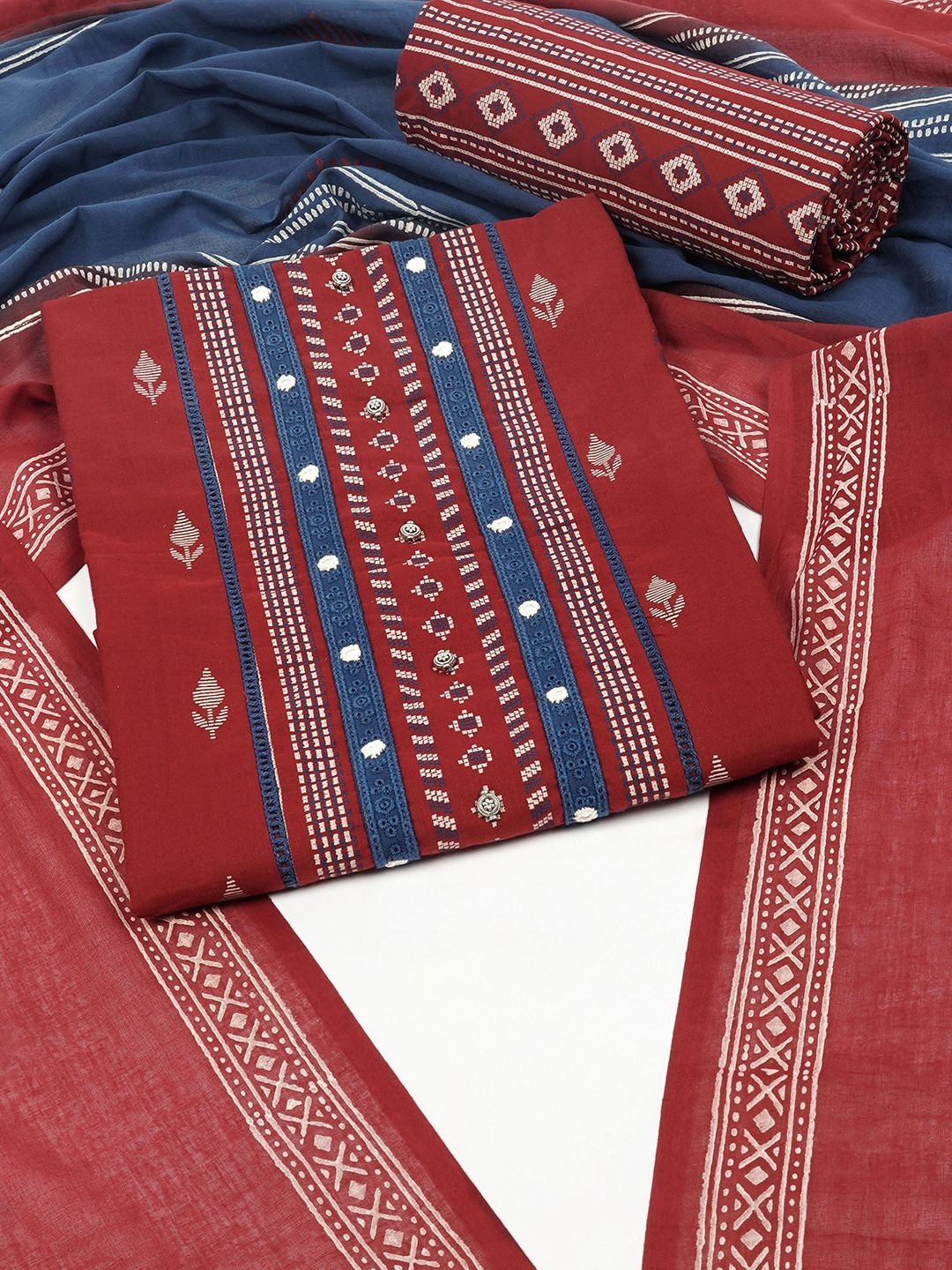 

KAMI KUBI Geometric Embroidered Pure Cotton Unstitched Dress Material, Maroon
