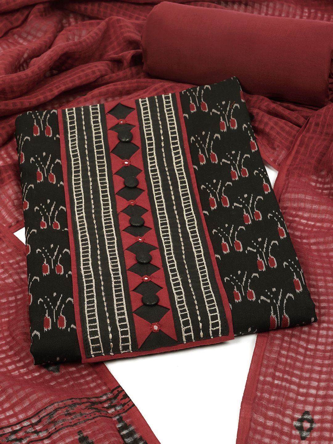 

KAMI KUBI Geometric Printed Pure Cotton Unstitched Dress Material, Black