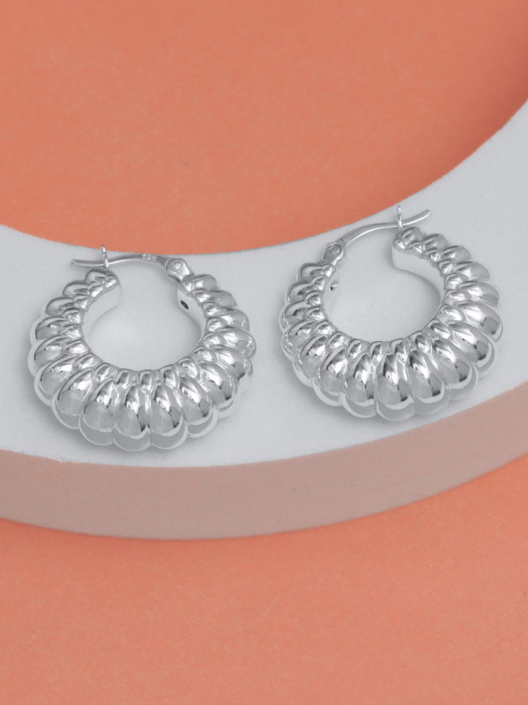 

LeCalla 925 Sterling Silver-Plated Shrimp Textured Click-Top Circular Hoop Earrings