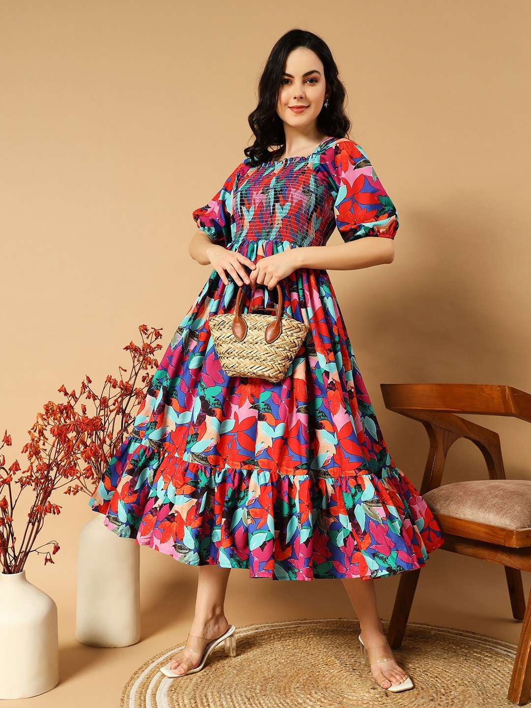 

Raiyani Enterprise Women Smocked Floral Printed Puff Sleeves Fit & Flare Midi Dress, Blue