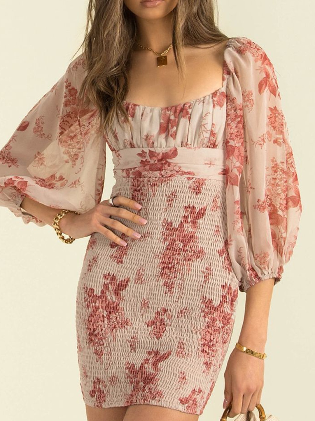 

LULU & SKY Women Floral Printed Flared Sleeve Bodycon Dress, Brown