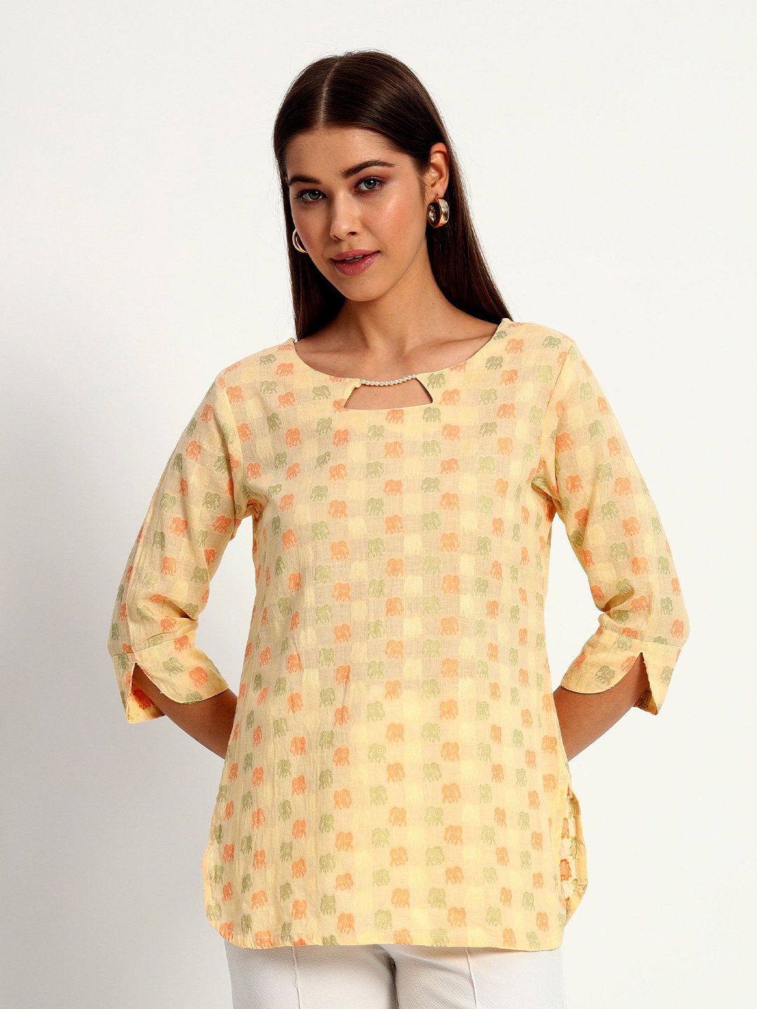 

Peikh Women Printed Cotton Longline Top, Yellow