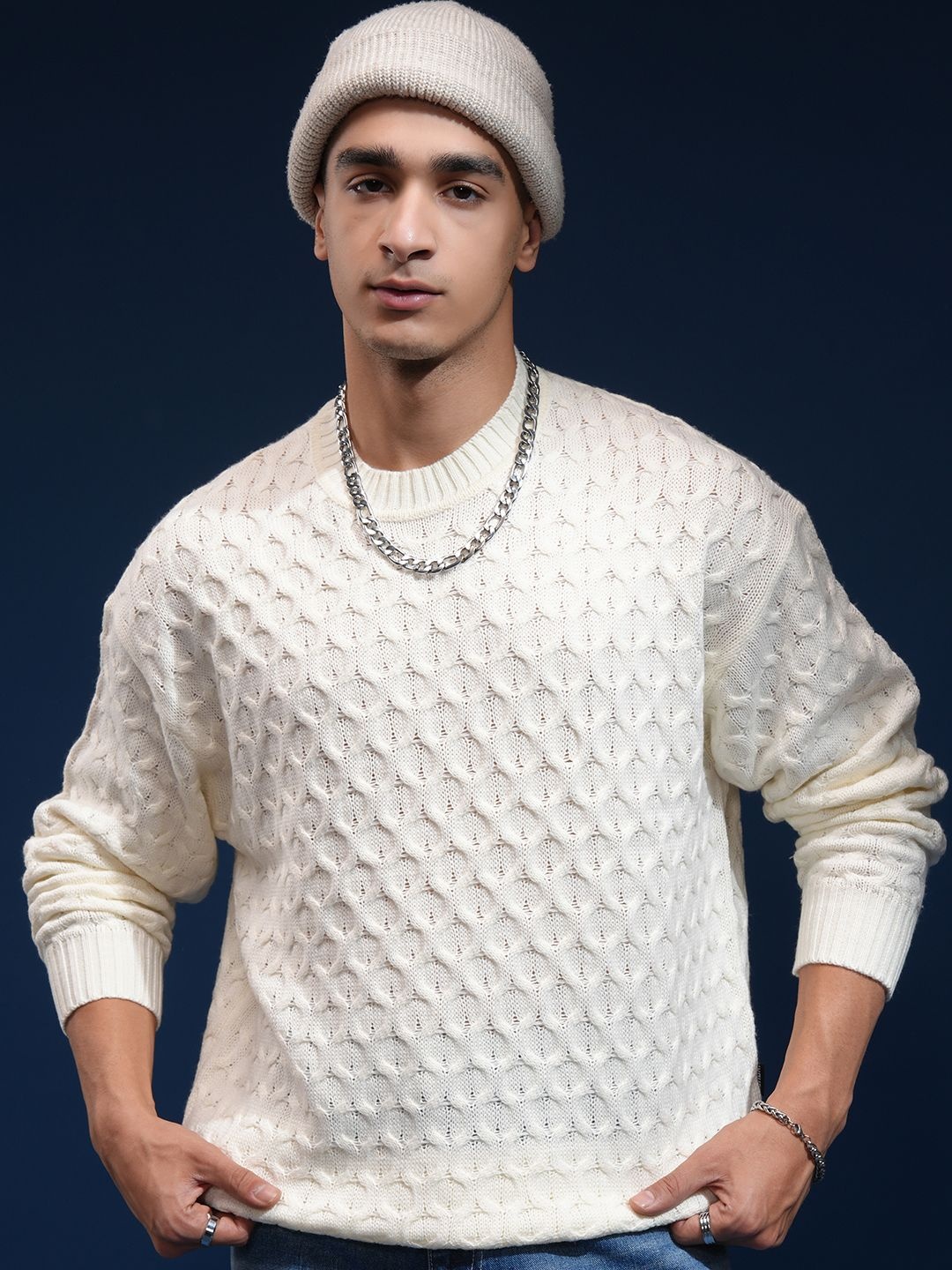 

HIGHLANDER Men Self Design Round Neck Drop Shoulder Oversized Sweater, Off white