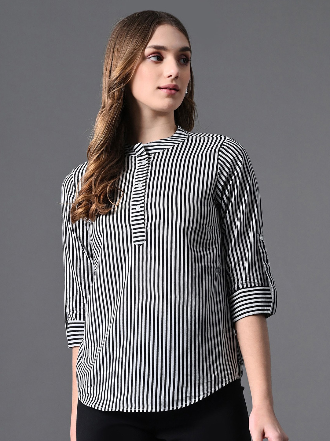 

HERE&NOW Women Vertical Stripes Mandarin Collar Roll-Up Sleeves Cotton Top, Black