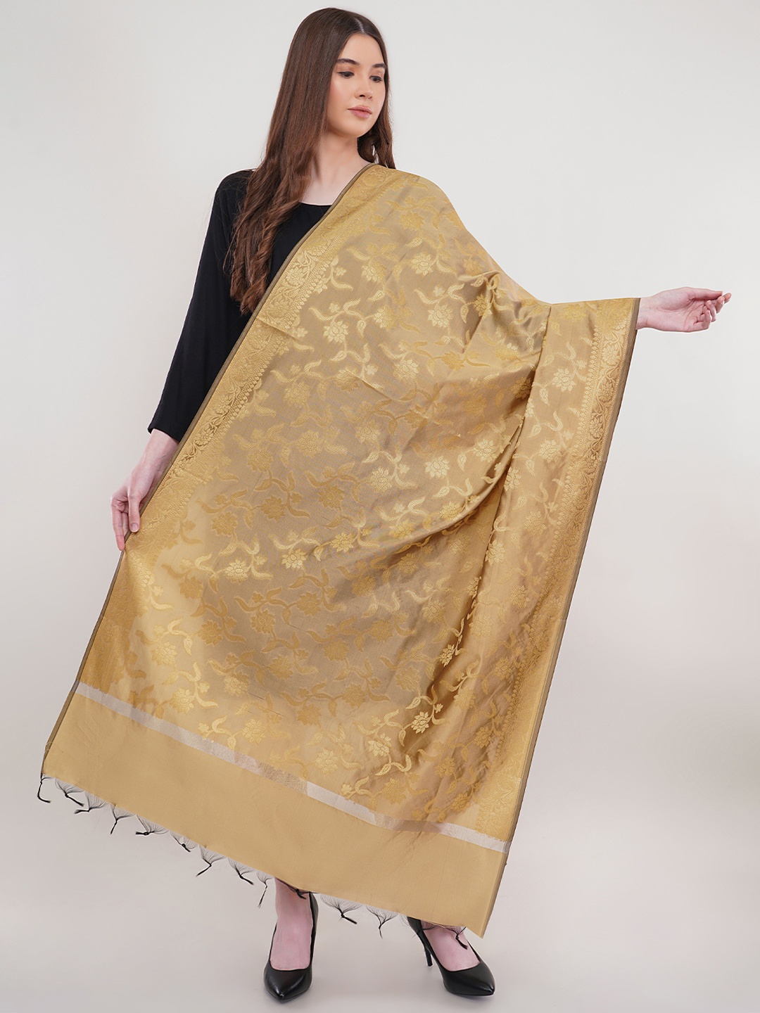 

Lavantika Floral Woven Design Silk Dupatta With Zari, Beige