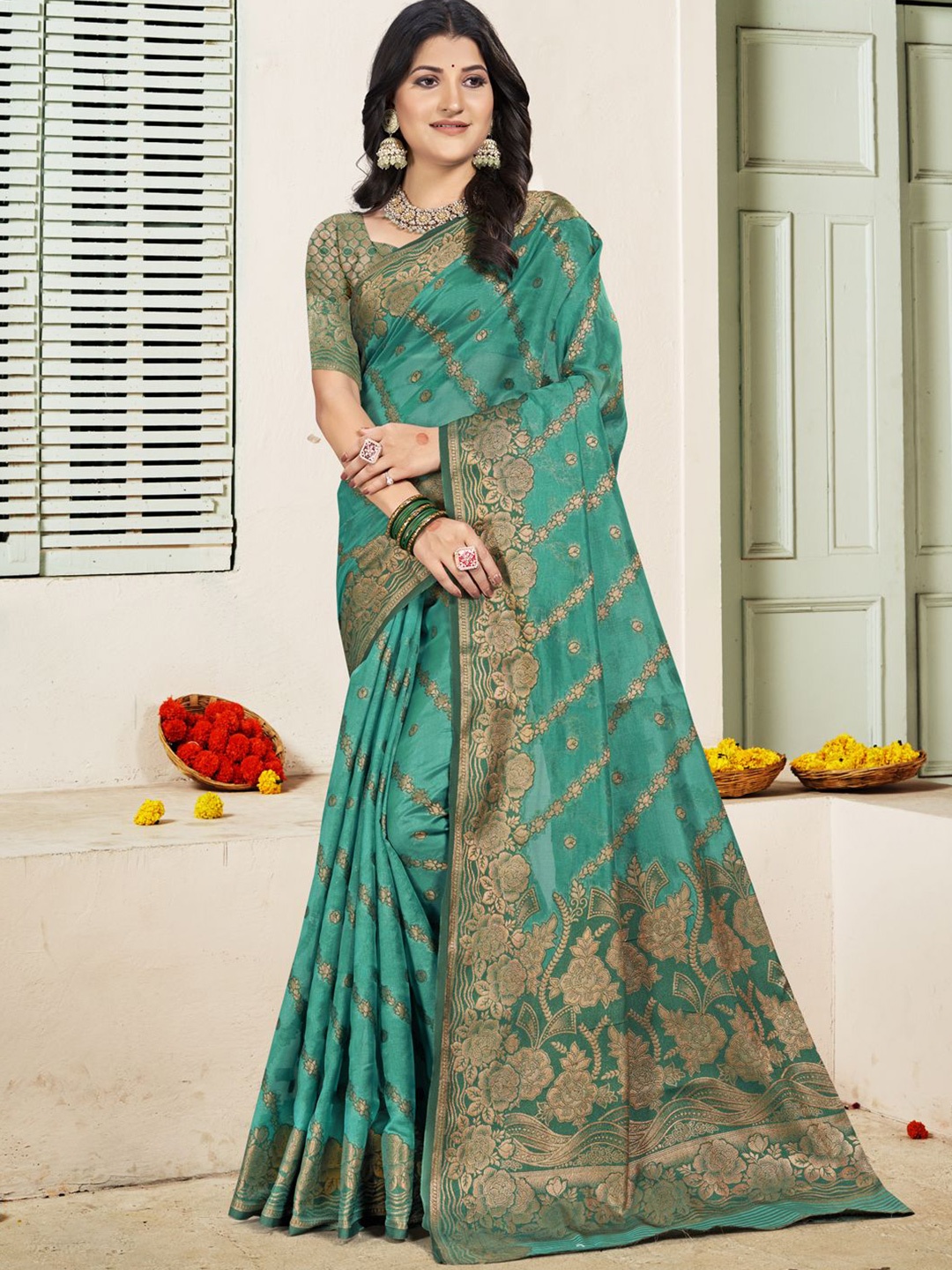 

SANGAM PRINTS Woven Design Zari Silk Blend Tussar Saree, Sea green