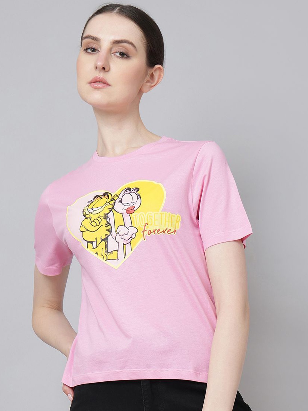 

Free Authority Women Garfield Graphic Printed Round Neck Cotton T-shirt, Pink