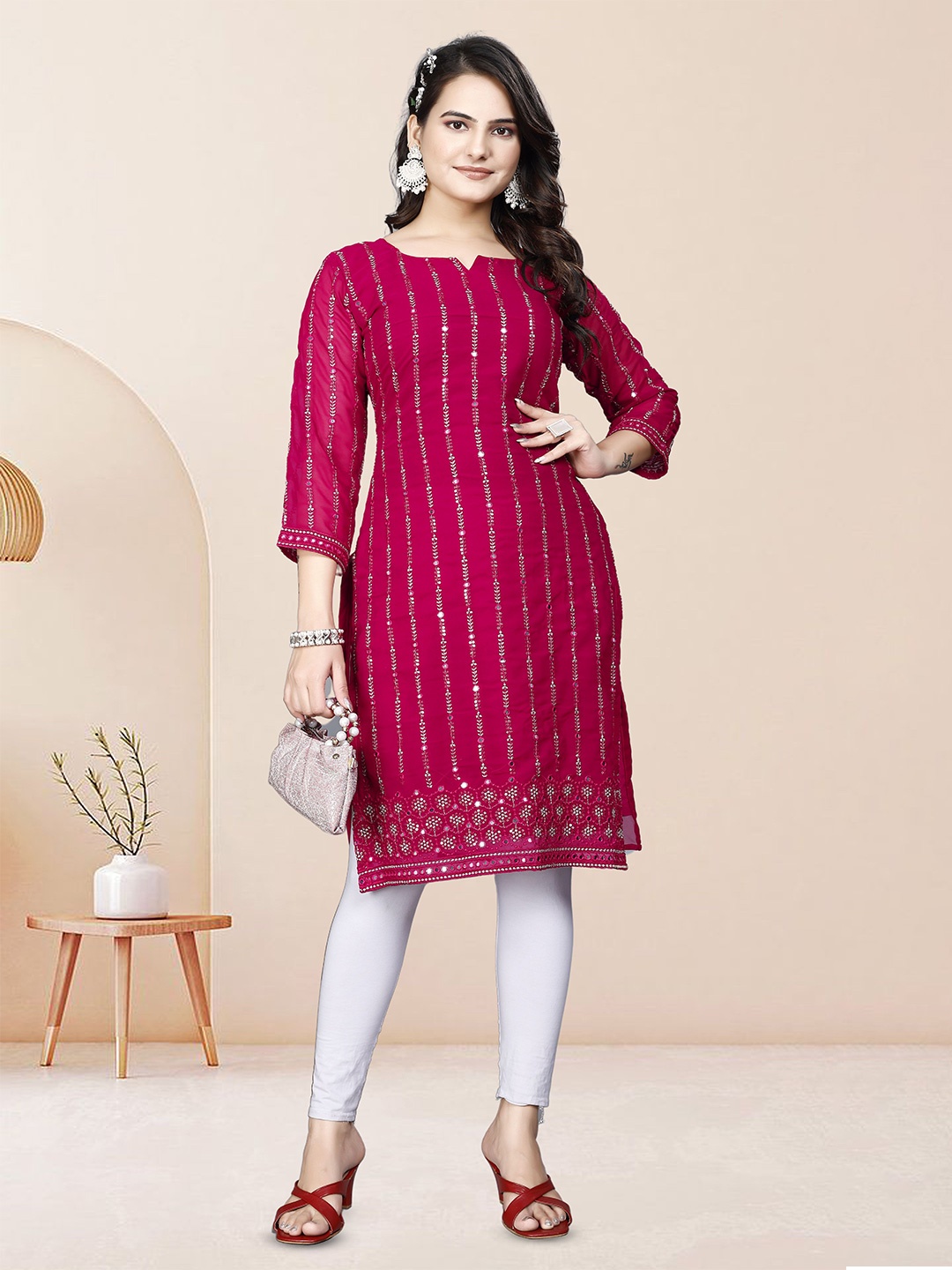 

WEAVETECH IMPEX Ethnic Motifs Embroidered Notch Neck Straight Kurta, Pink
