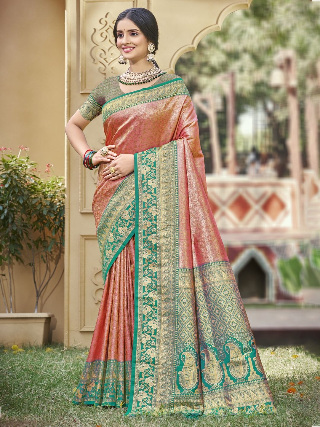 

SANGAM PRINTS Floral Woven Design Zari Banarasi Saree, Peach