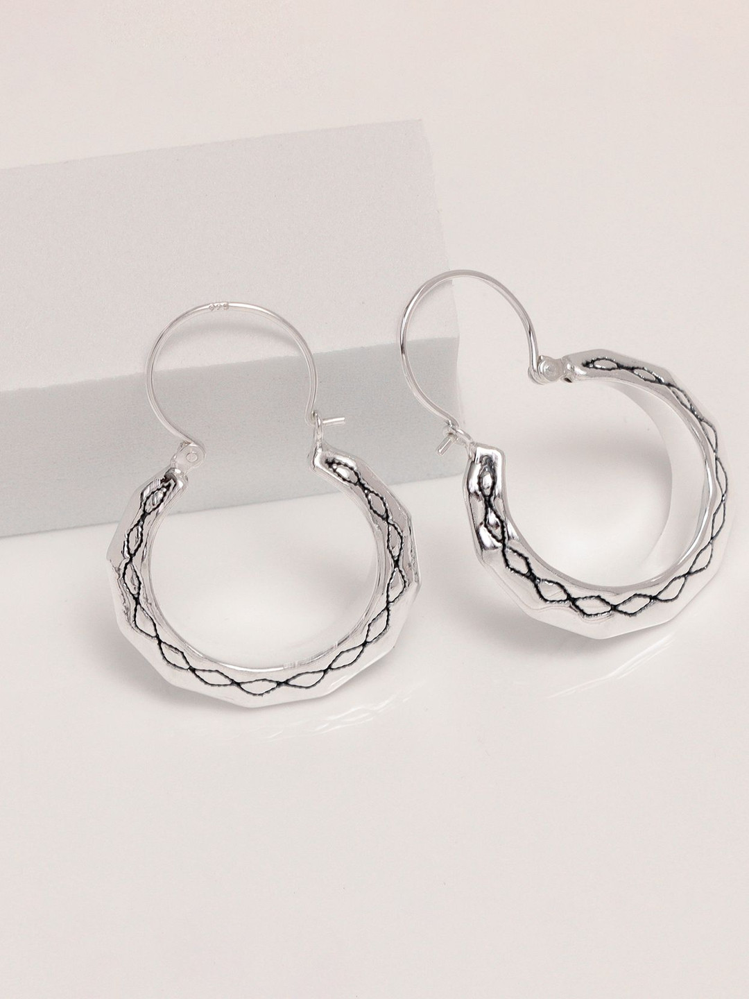 

LeCalla 925 Sterling Silver-Plated Classic Textured Bali Inspired Click-Top Hoop Earrings