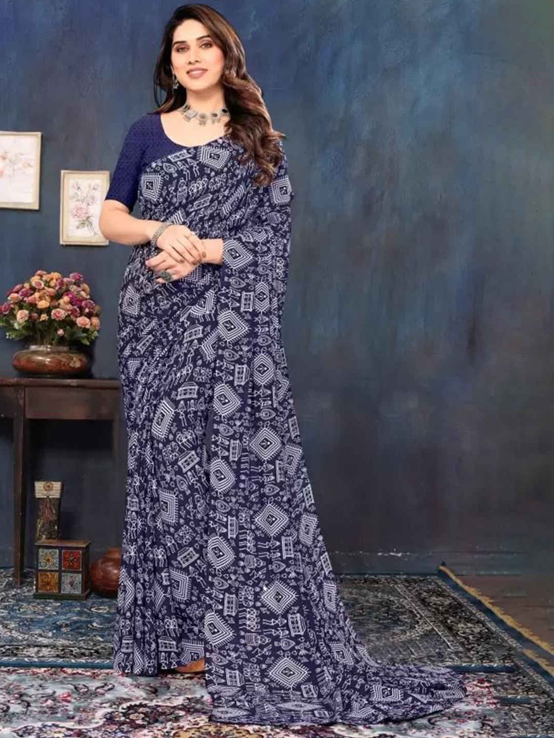 

KALINI Pure Georgette Saree, Navy blue