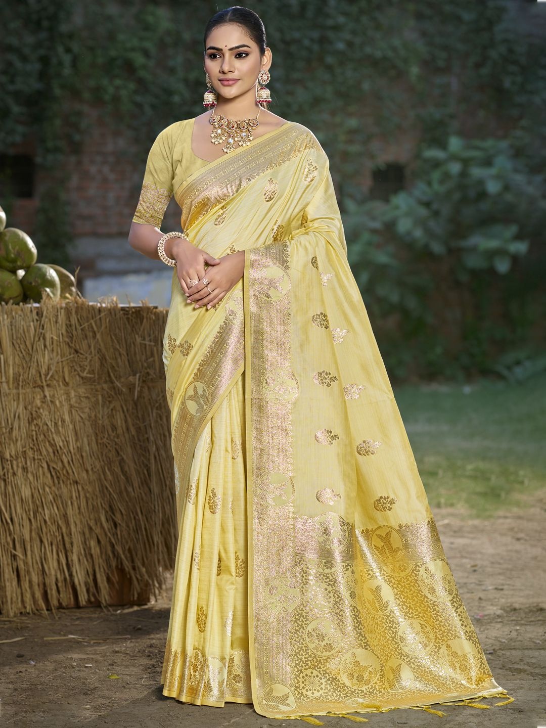 

SANGAM PRINTS Floral Woven Design Zari Tussar Saree, Yellow